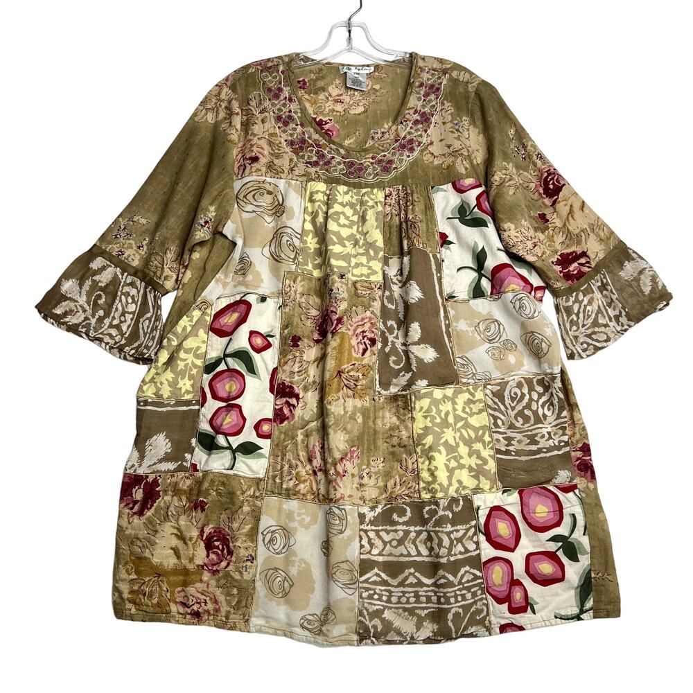 Ulla Popken 3/4 Sleeve Floral Patchwork Tunic Top Tan Womens 12 14